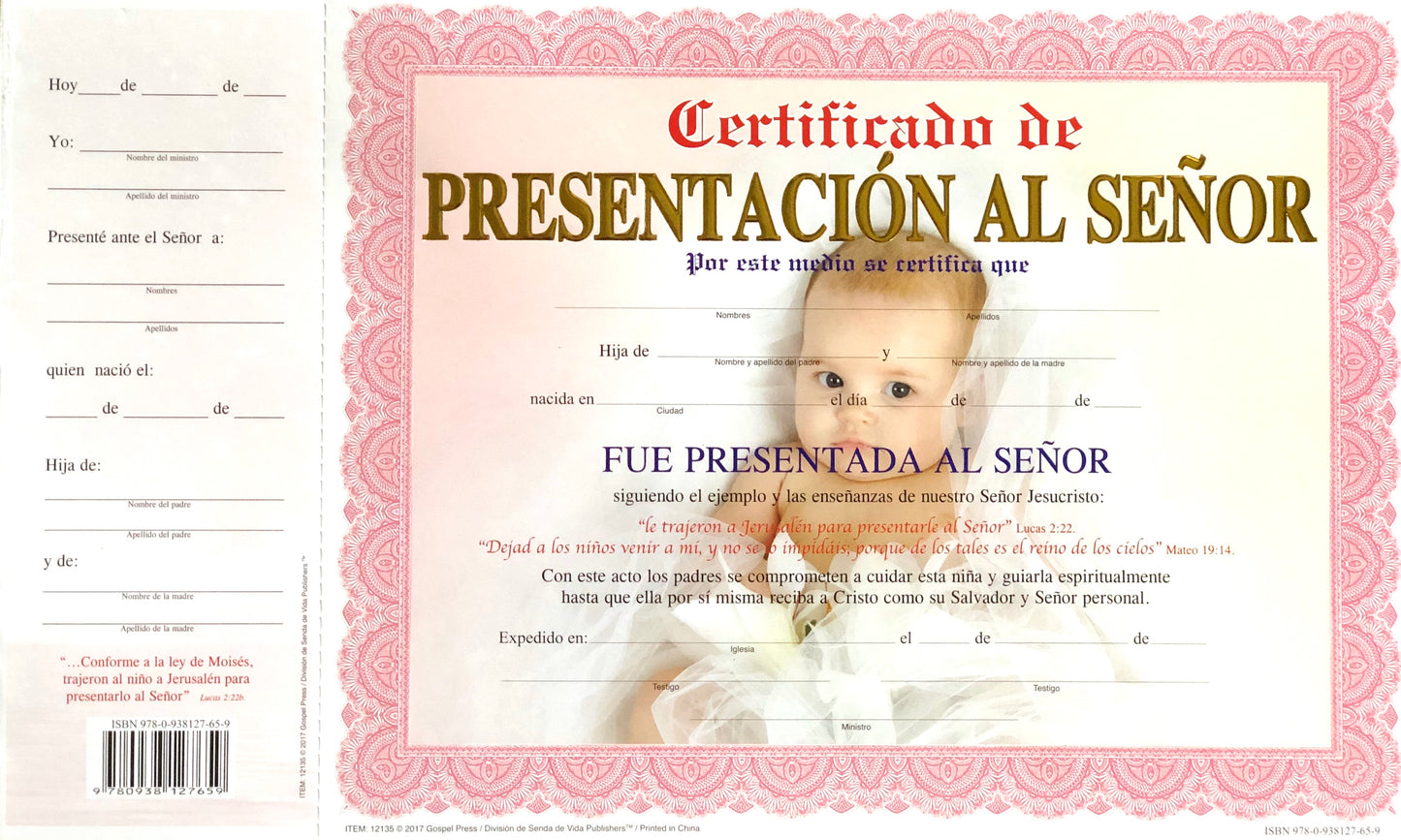 Certificados de Presentación al Señor de Niña
