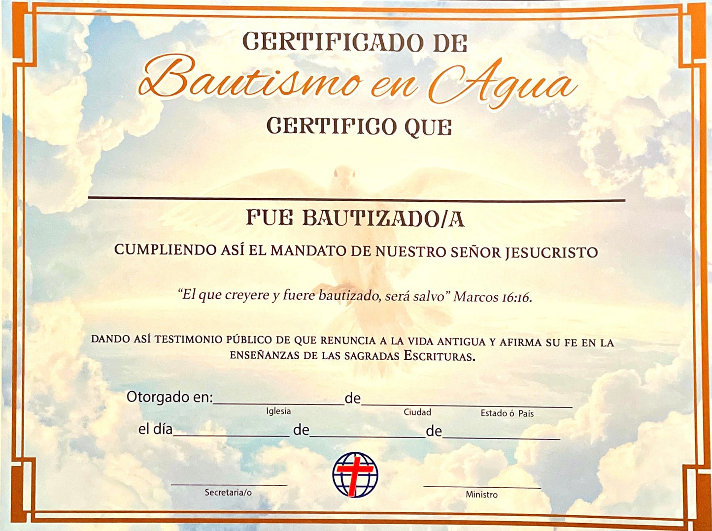 Certificado de Bautismo en Agua - Paquete de 20 - IDPMI